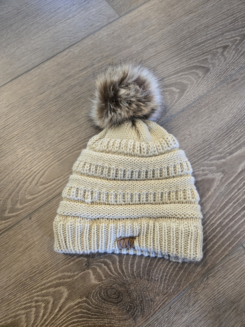 Cream Knit Pom Beanie with Faux Fur Pom